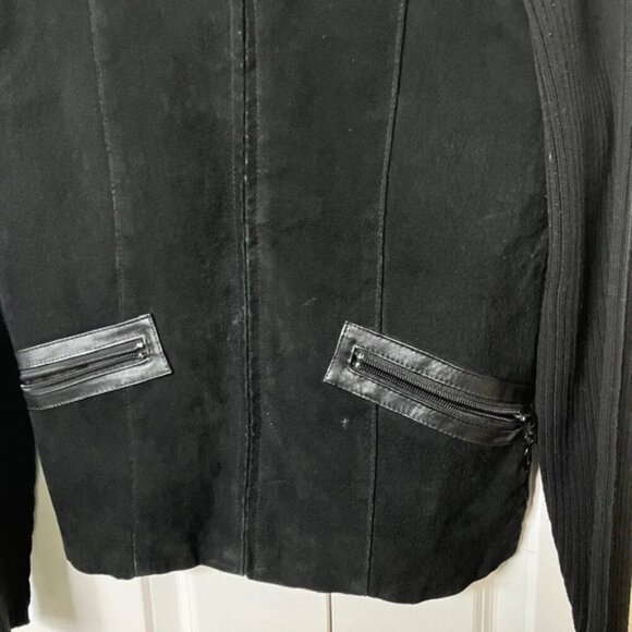 Y2K Escapade Black Stretch Ribbed Knit Suede Rabbit Fur Collar Sweater Jacket - Picture 2 of 5